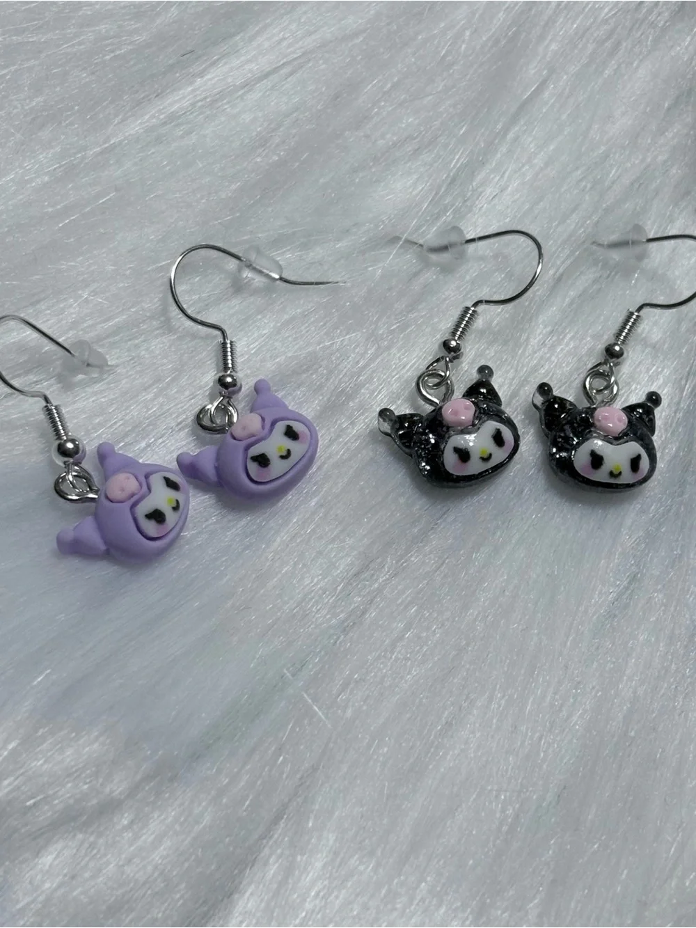 Kawaii Cat Face Dangle Earrings for Kids - Purple & Black 2 pair